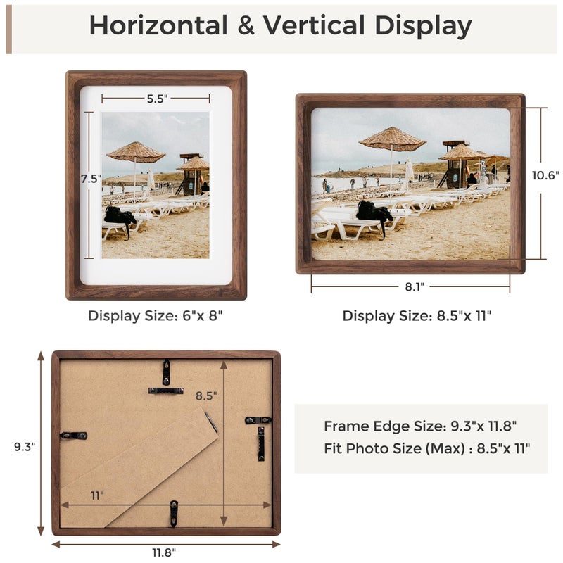 Heimlove 8.5X11 Picture Frames Natural Walnut,Original Wood Hand Make Crafted Photo Frame with Mat to 6X8 Graduation Picture Display,Family Picture,Wedding Picture Tabletop & Wall Decoration - Image 3